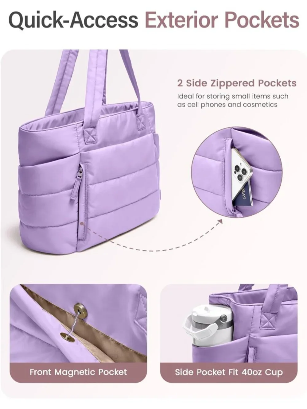 👜Women's Lavender Quilted Puffer Tote Bag Zipper Work Bag With Compartments